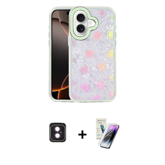 MARSİLYAN™- iPhone 16 Kılıf Odak Prime - Şeffaf Pasifik Cam Ekran Koruyucu + PVD Metal Kamera Lens - PE