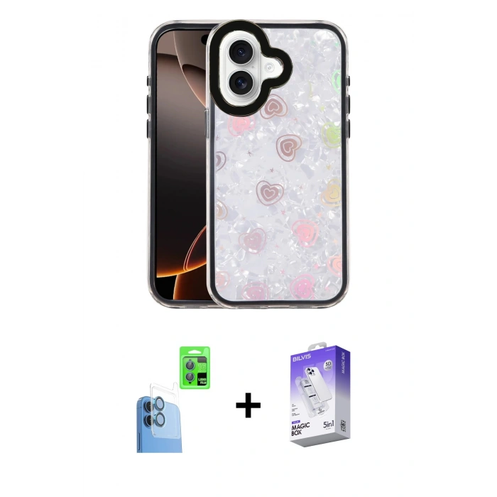 MARSİLYAN™- iPhone 16 Kılıf Odak Prime - Siyah Bilvis 5in1 3D Magic Cam Ekran Koruyucu + Raze Metal Kamera Lens - LT