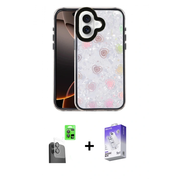 MARSİLYAN™- iPhone 16 Kılıf Odak Prime - Siyah Bilvis 5in1 3D Magic Cam Ekran Koruyucu + Siyah Raze Metal Kamera Lens
