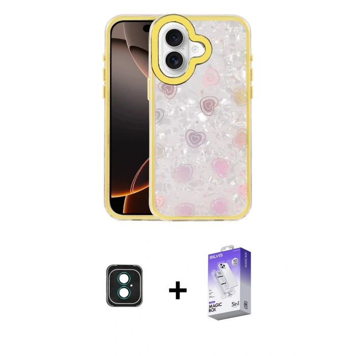 MARSİLYAN™- iPhone 16 Kılıf Odak Prime - Siyah Bilvis 5in1 3D Magic Cam Ekran Koruyucu + PVD Metal Kamera Lens - YL