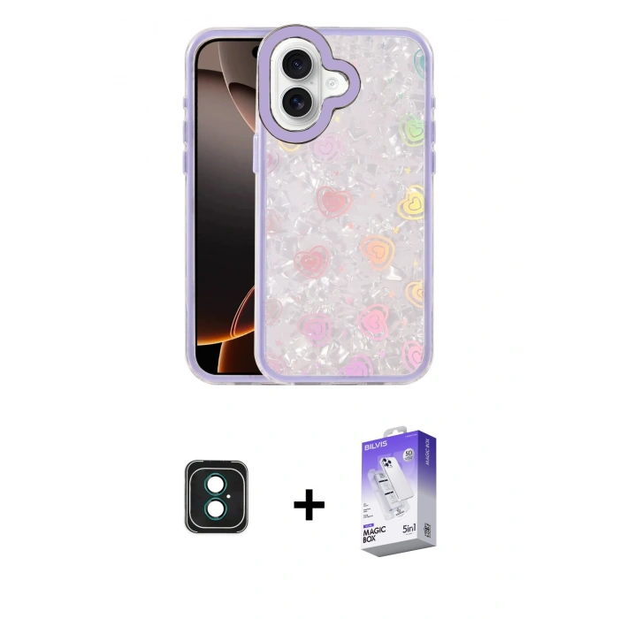 MARSİLYAN™- iPhone 16 Kılıf Odak Prime - Siyah Bilvis 5in1 3D Magic Cam Ekran Koruyucu + PVD Metal Kamera Lens - YL