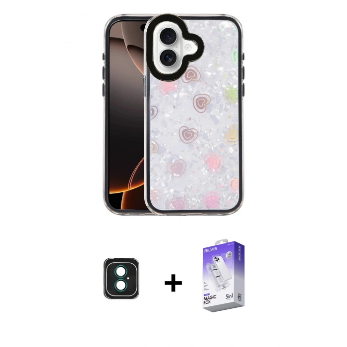 MARSİLYAN™- iPhone 16 Kılıf Odak Prime - Siyah Bilvis 5in1 3D Magic Cam Ekran Koruyucu + PVD Metal Kamera Lens - YL