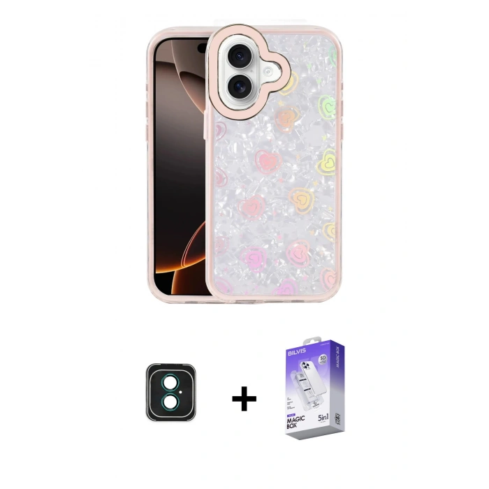 MARSİLYAN™- iPhone 16 Kılıf Odak Prime - Siyah Bilvis 5in1 3D Magic Cam Ekran Koruyucu + PVD Metal Kamera Lens - YL