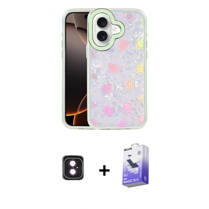 MARSİLYAN™- iPhone 16 Kılıf Odak Prime - Siyah Bilvis 5in1 5D Magic Hayalet Cam Ekran Koruyucu + PVD Metal Kamera Lens - PE