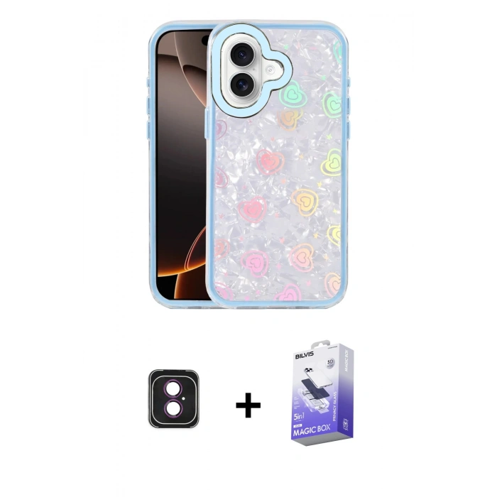 MARSİLYAN™- iPhone 16 Kılıf Odak Prime - Siyah Bilvis 5in1 5D Magic Hayalet Cam Ekran Koruyucu + PVD Metal Kamera Lens - PE