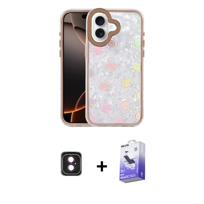 MARSİLYAN™- iPhone 16 Kılıf Odak Prime - Siyah Bilvis 5in1 5D Magic Hayalet Cam Ekran Koruyucu + PVD Metal Kamera Lens - PE