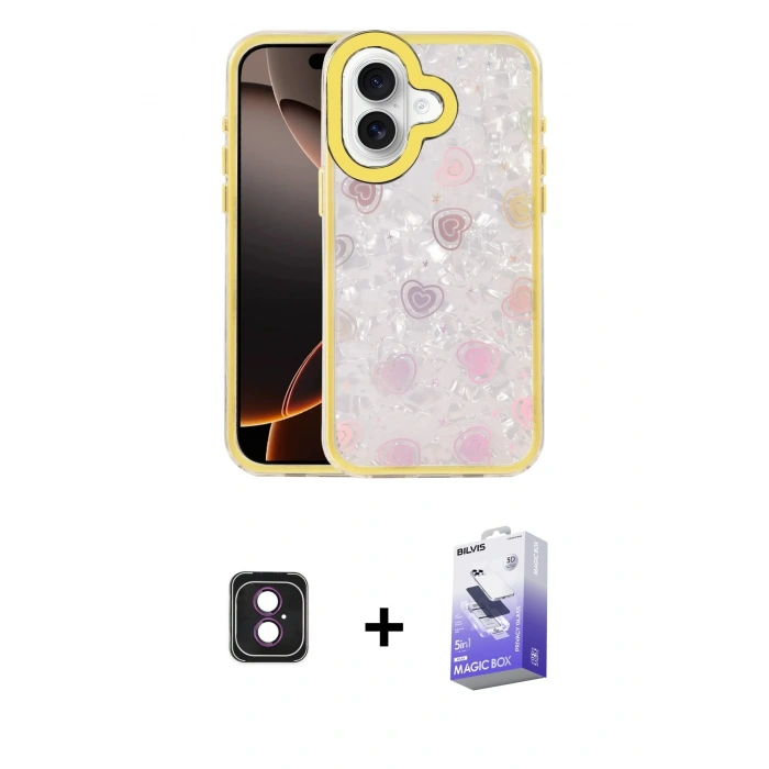 MARSİLYAN™- iPhone 16 Kılıf Odak Prime - Siyah Bilvis 5in1 5D Magic Hayalet Cam Ekran Koruyucu + PVD Metal Kamera Lens - PE