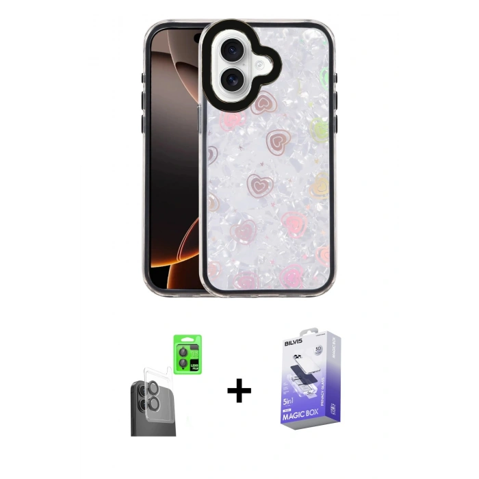 MARSİLYAN™- iPhone 16 Kılıf Odak Prime - Siyah Bilvis 5in1 5D Magic Hayalet Cam Ekran Koruyucu + Raze Metal Kamera Lens - SH