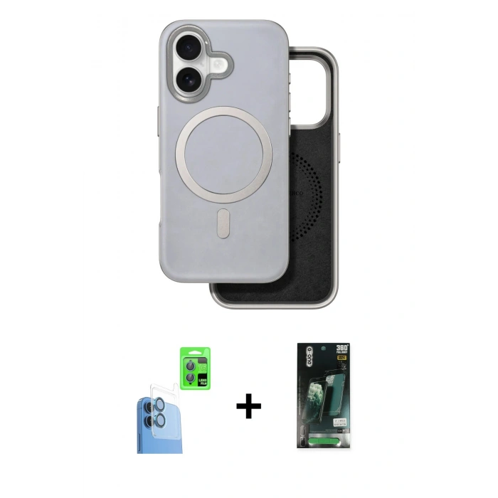 MARSİLYAN™- iPhone 16 Kılıf Pusula Işık Koleksiyonu - Siyah 360 Mat Full Body Arka Koruyucu + Lacivert Raze Metal Kamera Lens