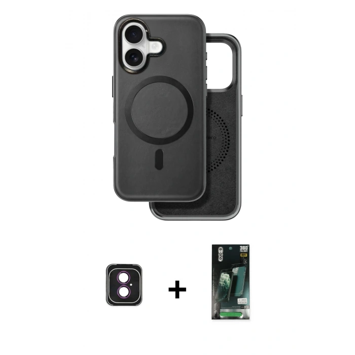 MARSİLYAN™- iPhone 16 Kılıf Pusula Işık Koleksiyonu - Siyah 360 Mat Full Body Arka Koruyucu + PVD Metal Kamera Lens - PE