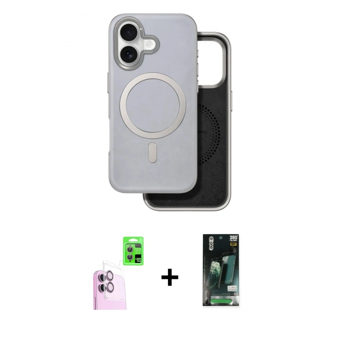 MARSİLYAN™- iPhone 16 Kılıf Pusula Işık Koleksiyonu - Siyah 360 Mat Full Body Arka Koruyucu + Raze Metal Kamera Lens - PE