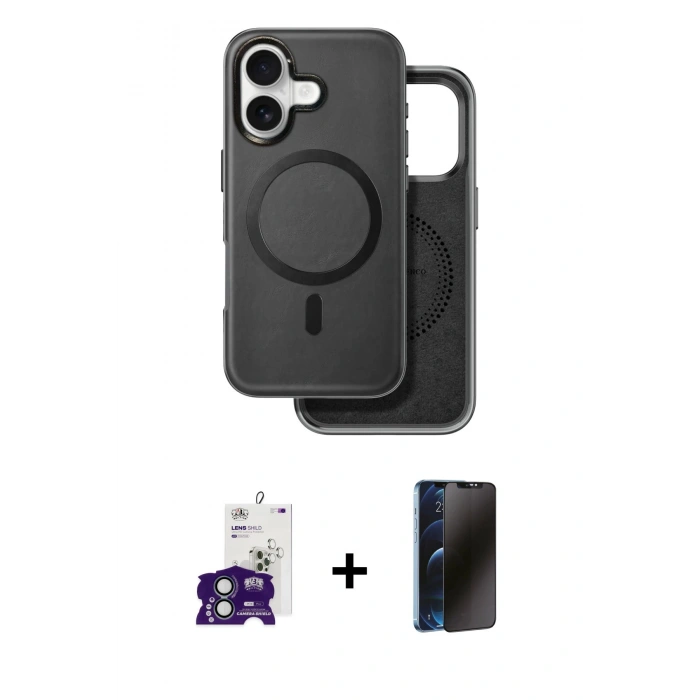 MARSİLYAN™- iPhone 16 Kılıf Pusula Işık Koleksiyonu - Siyah 3D Antistatik Hayalet Cam Ekran Koruyucu + Bilvis Titan Kamera Lens - YL