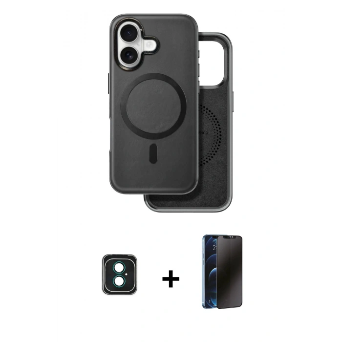 MARSİLYAN™- iPhone 16 Kılıf Pusula Işık Koleksiyonu - Siyah 3D Antistatik Hayalet Cam Ekran Koruyucu + PVD Metal Kamera Lens - YL