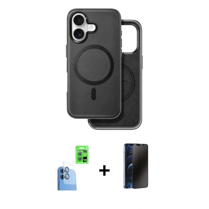 MARSİLYAN™- iPhone 16 Kılıf Pusula Işık Koleksiyonu - Siyah 3D Antistatik Hayalet Cam Ekran Koruyucu + Raze Metal Kamera Lens - LT
