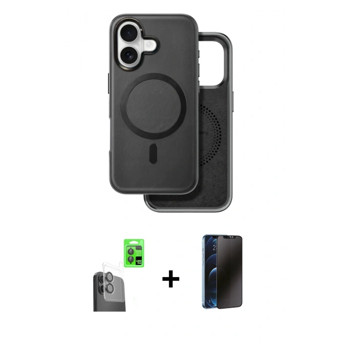 MARSİLYAN™- iPhone 16 Kılıf Pusula Işık Koleksiyonu - Siyah 3D Antistatik Hayalet Cam Ekran Koruyucu + Raze Metal Kamera Lens - SH