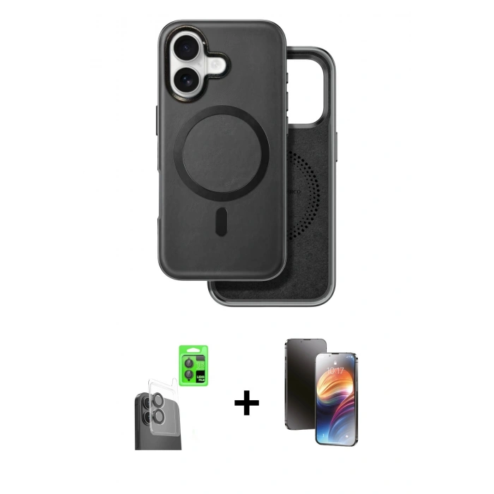 MARSİLYAN™- iPhone 16 Kılıf Pusula Işık Koleksiyonu - Siyah 3D Antistatik Mat Seramik Nano Ekran Koruyucu + Raze Metal Kamera Lens - SH