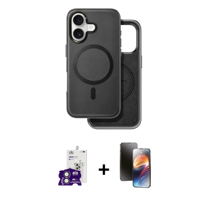 MARSİLYAN™- iPhone 16 Kılıf Pusula Işık Koleksiyonu - Siyah 3D Antistatik Mat Seramik Nano Ekran Koruyucu + Bilvis Titan Kamera Lens - PE