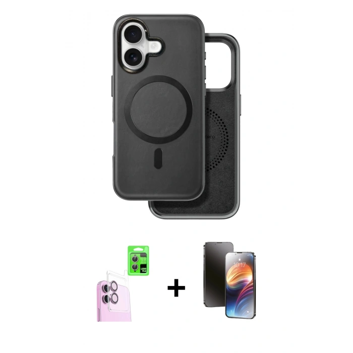 MARSİLYAN™- iPhone 16 Kılıf Pusula Işık Koleksiyonu - Siyah 3D Antistatik Mat Seramik Nano Ekran Koruyucu + Raze Metal Kamera Lens - PE