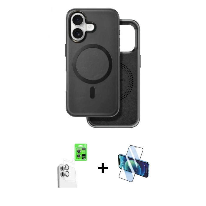 MARSİLYAN™- iPhone 16 Kılıf Pusula Işık Koleksiyonu - Siyah 3D Antistatik Seramik Nano Ekran Koruyucu + Beyaz Raze Metal Kamera Lens