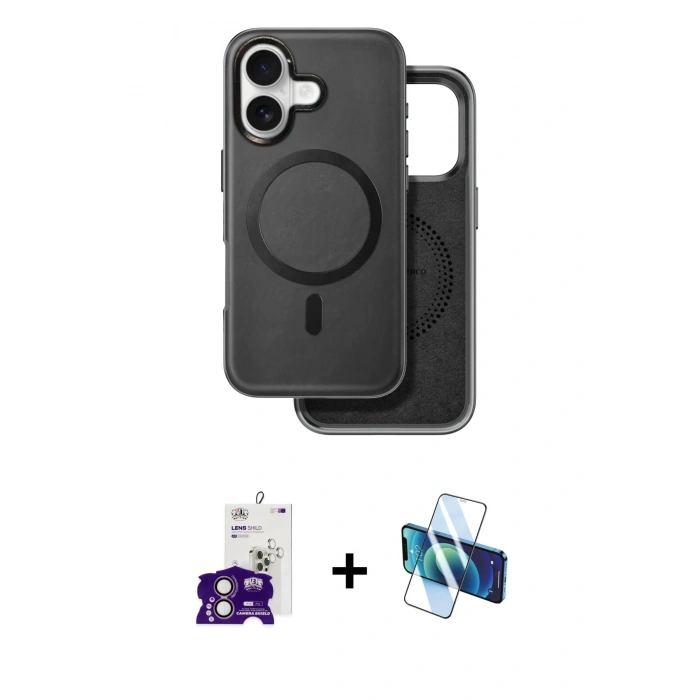 MARSİLYAN™- iPhone 16 Kılıf Pusula Işık Koleksiyonu - Siyah 3D Antistatik Seramik Nano Ekran Koruyucu + Bilvis Titan Kamera Lens - PE