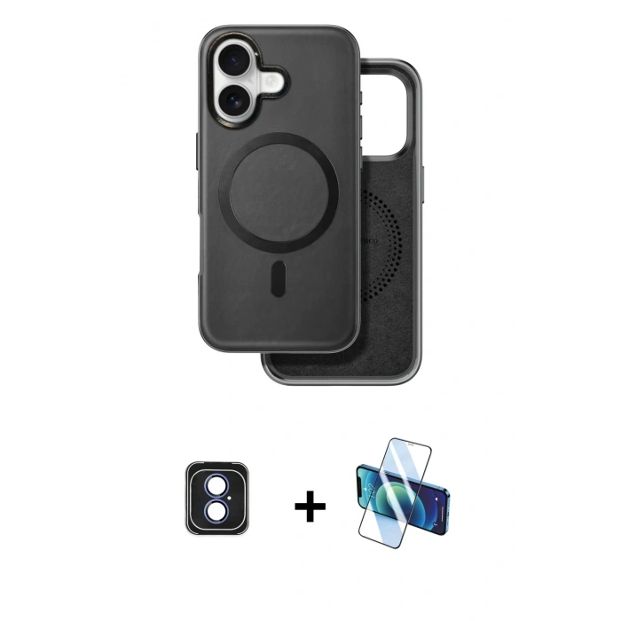 MARSİLYAN™- iPhone 16 Kılıf Pusula Işık Koleksiyonu - Siyah 3D Antistatik Seramik Nano Ekran Koruyucu + PVD Metal Kamera Lens - MI