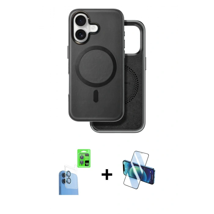 MARSİLYAN™- iPhone 16 Kılıf Pusula Işık Koleksiyonu - Siyah 3D Antistatik Seramik Nano Ekran Koruyucu + Raze Metal Kamera Lens - LT