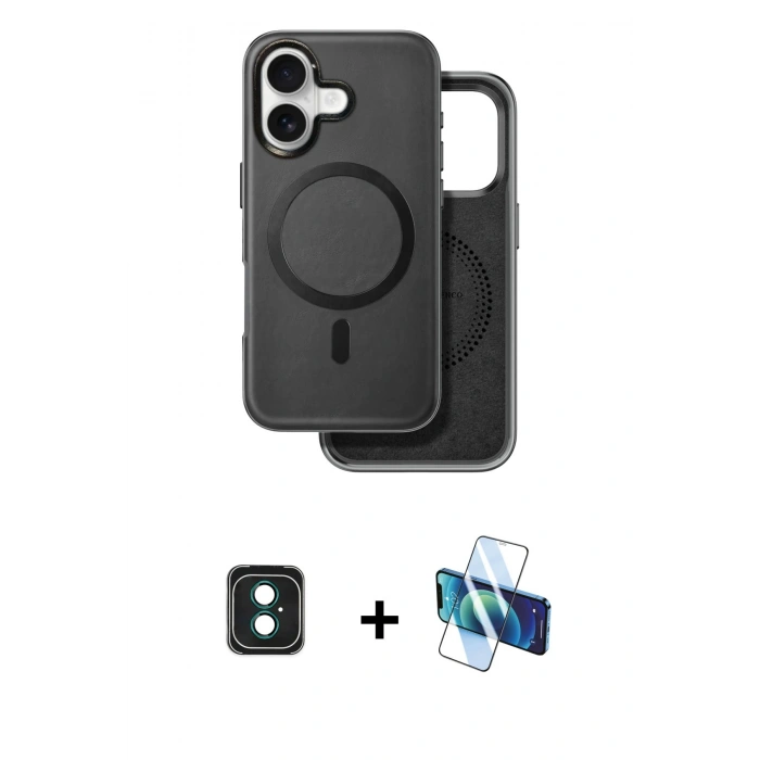 MARSİLYAN™- iPhone 16 Kılıf Pusula Işık Koleksiyonu - Siyah 3D Antistatik Seramik Nano Ekran Koruyucu + PVD Metal Kamera Lens - YL