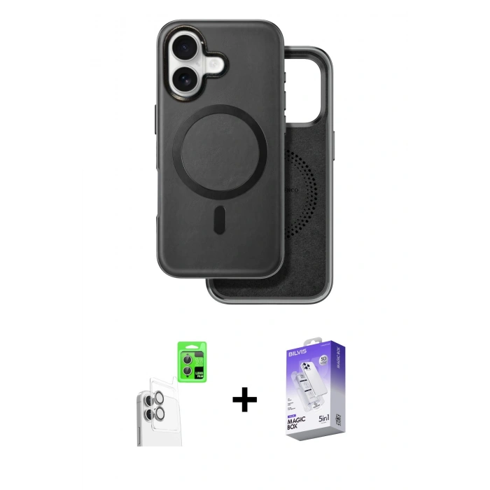 MARSİLYAN™- iPhone 16 Kılıf Pusula Işık Koleksiyonu - Siyah Bilvis 5in1 3D Magic Cam Ekran Koruyucu + Raze Metal Kamera Lens - BZ