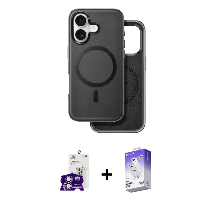 MARSİLYAN™- iPhone 16 Kılıf Pusula Işık Koleksiyonu - Siyah Bilvis 5in1 3D Magic Cam Ekran Koruyucu + Bilvis Titan Kamera Lens - GS