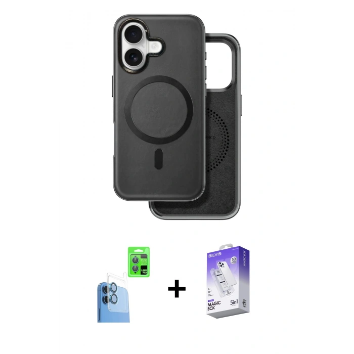 MARSİLYAN™- iPhone 16 Kılıf Pusula Işık Koleksiyonu - Siyah Bilvis 5in1 3D Magic Cam Ekran Koruyucu + Raze Metal Kamera Lens - LT