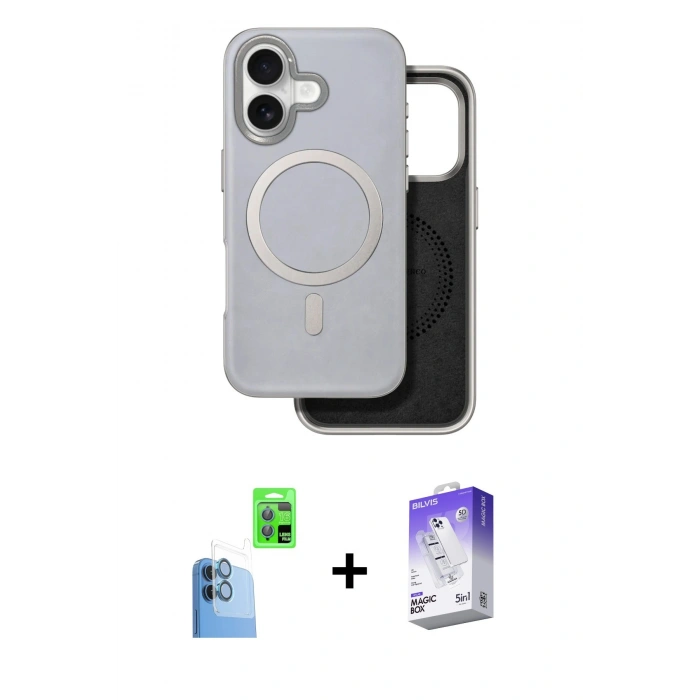 MARSİLYAN™- iPhone 16 Kılıf Pusula Işık Koleksiyonu - Siyah Bilvis 5in1 3D Magic Cam Ekran Koruyucu + Raze Metal Kamera Lens - LT