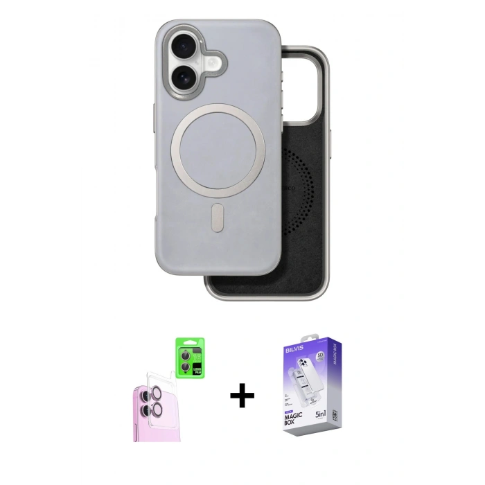 MARSİLYAN™- iPhone 16 Kılıf Pusula Işık Koleksiyonu - Siyah Bilvis 5in1 3D Magic Cam Ekran Koruyucu + Raze Metal Kamera Lens - PE