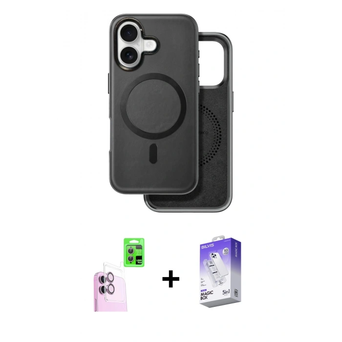 MARSİLYAN™- iPhone 16 Kılıf Pusula Işık Koleksiyonu - Siyah Bilvis 5in1 3D Magic Cam Ekran Koruyucu + Raze Metal Kamera Lens - PE