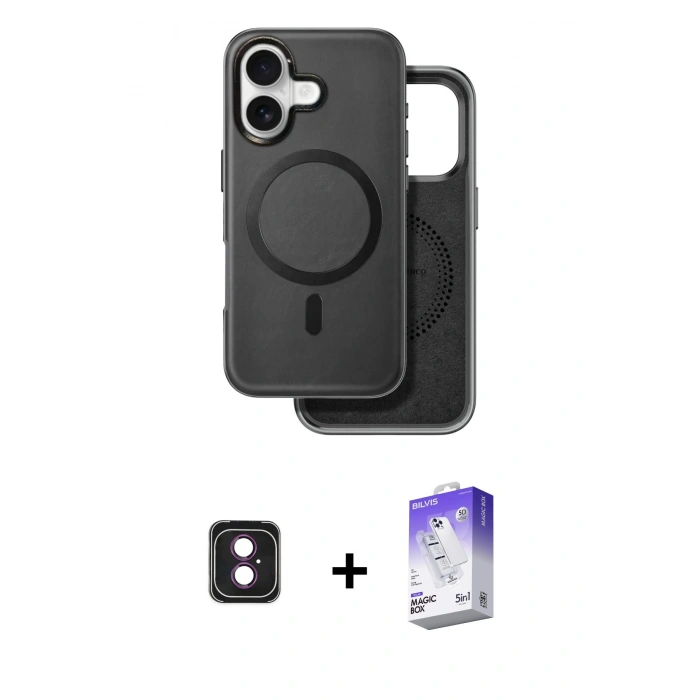 MARSİLYAN™- iPhone 16 Kılıf Pusula Işık Koleksiyonu - Siyah Bilvis 5in1 3D Magic Cam Ekran Koruyucu + PVD Metal Kamera Lens - PE