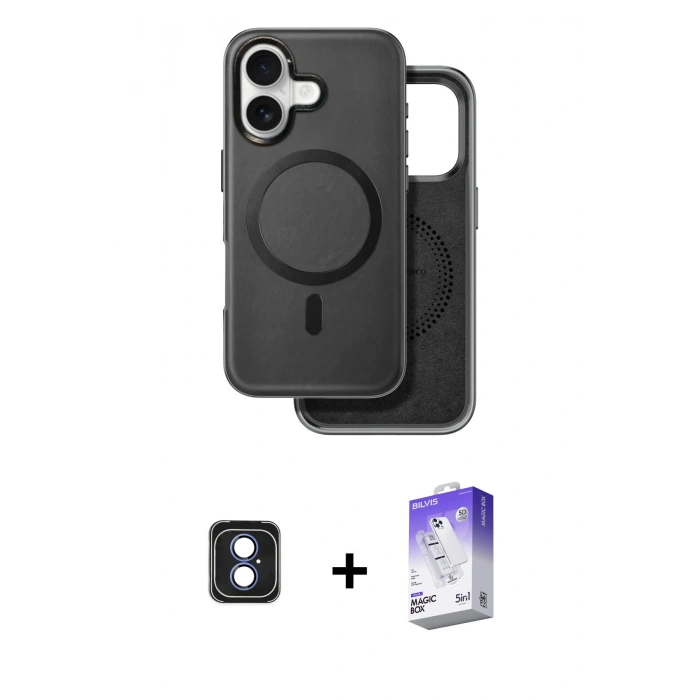 MARSİLYAN™- iPhone 16 Kılıf Pusula Işık Koleksiyonu - Siyah Bilvis 5in1 3D Magic Cam Ekran Koruyucu + PVD Metal Kamera Lens - MI