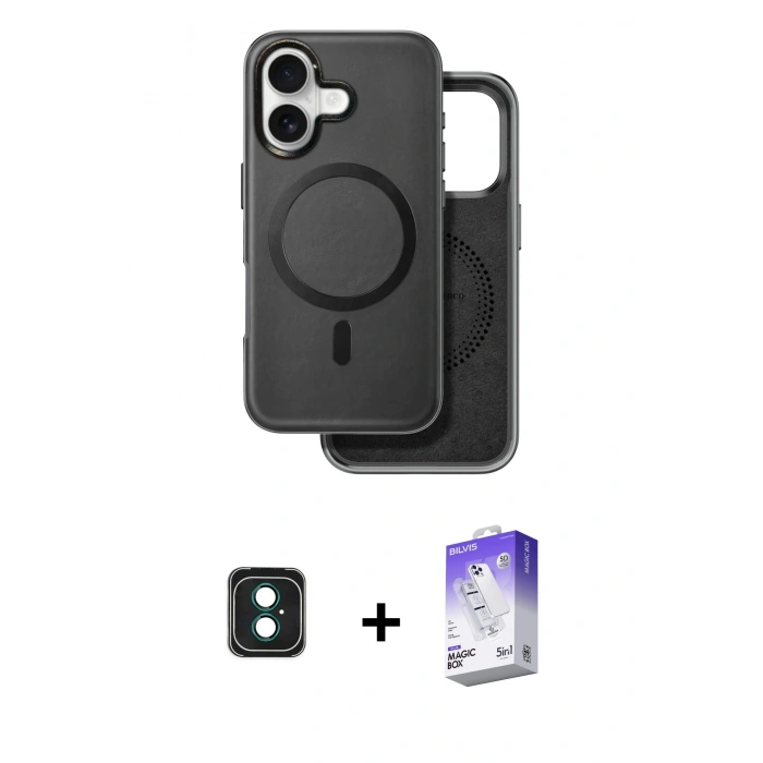 MARSİLYAN™- iPhone 16 Kılıf Pusula Işık Koleksiyonu - Siyah Bilvis 5in1 3D Magic Cam Ekran Koruyucu + PVD Metal Kamera Lens - YL