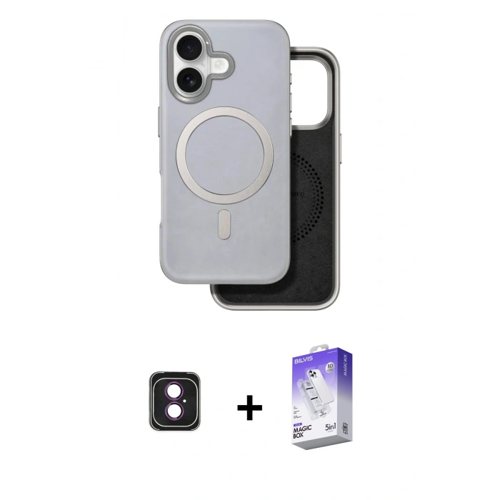 MARSİLYAN™- iPhone 16 Kılıf Pusula Işık Koleksiyonu - Siyah Bilvis 5in1 3D Magic Cam Ekran Koruyucu + PVD Metal Kamera Lens - PE