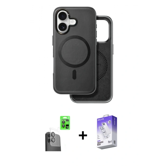 MARSİLYAN™- iPhone 16 Kılıf Pusula Işık Koleksiyonu - Siyah Bilvis 5in1 3D Magic Cam Ekran Koruyucu + Raze Metal Kamera Lens - SH