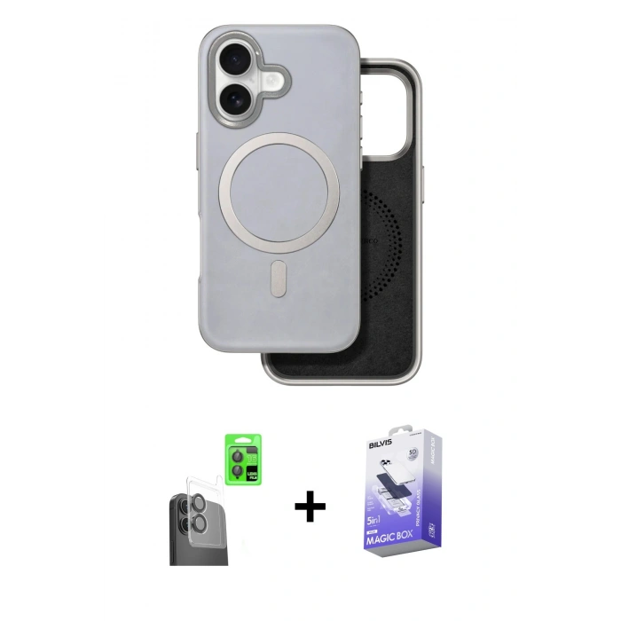 MARSİLYAN™- iPhone 16 Kılıf Pusula Işık Koleksiyonu - Siyah Bilvis 5in1 5D Magic Hayalet Cam Ekran Koruyucu + Raze Metal Kamera Lens - SH