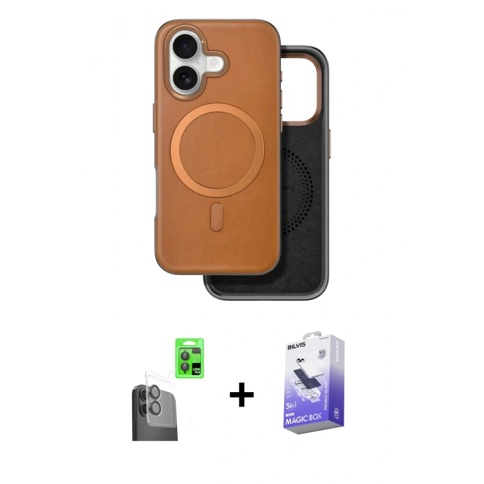 MARSİLYAN™- iPhone 16 Kılıf Pusula Işık Koleksiyonu - Siyah Bilvis 5in1 5D Magic Hayalet Cam Ekran Koruyucu + Raze Metal Kamera Lens - SH