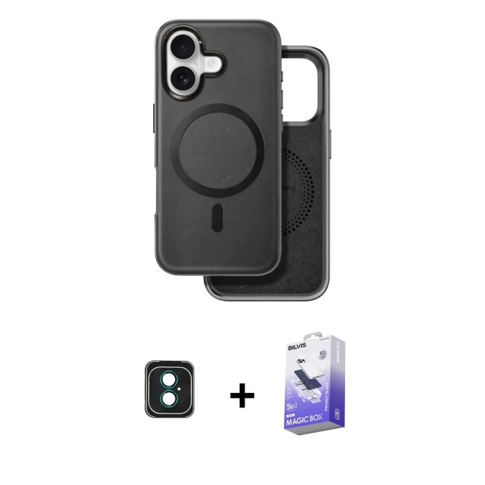 MARSİLYAN™- iPhone 16 Kılıf Pusula Işık Koleksiyonu - Siyah Bilvis 5in1 5D Magic Hayalet Cam Ekran Koruyucu + PVD Metal Kamera Lens - YL