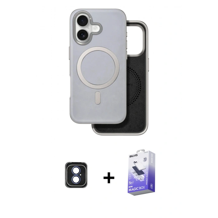 MARSİLYAN™- iPhone 16 Kılıf Pusula Işık Koleksiyonu - Siyah Bilvis 5in1 5D Magic Hayalet Cam Ekran Koruyucu + PVD Metal Kamera Lens - MI