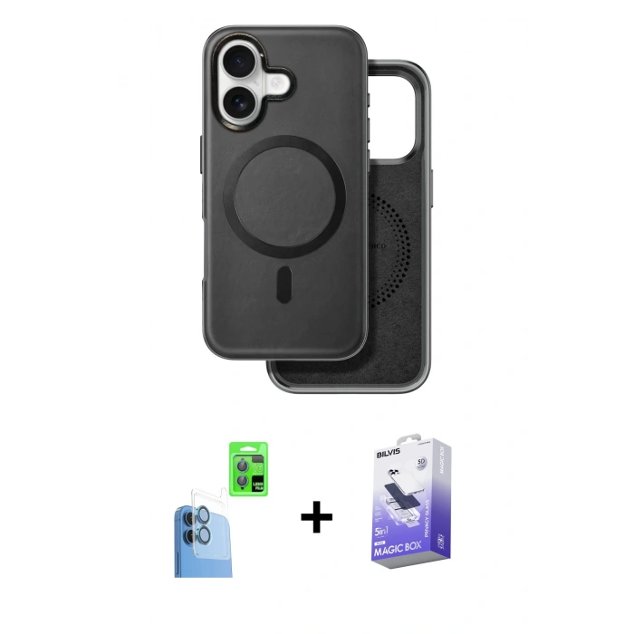 MARSİLYAN™- iPhone 16 Kılıf Pusula Işık Koleksiyonu - Siyah Bilvis 5in1 5D Magic Hayalet Cam Ekran Koruyucu + Raze Metal Kamera Lens - LT