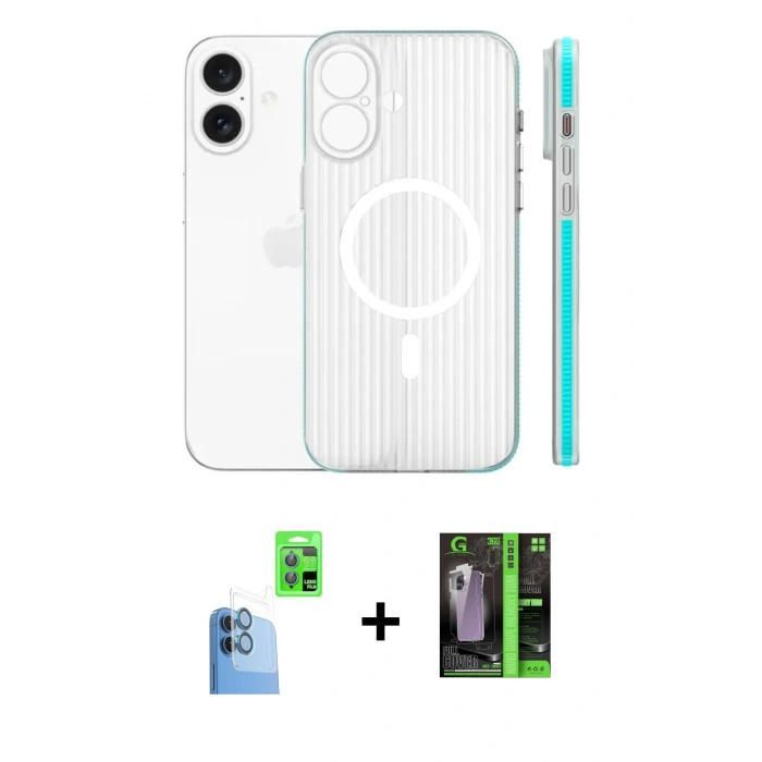 MARSİLYAN™- iPhone 16 Kılıf Pusula Minimal Koleksiyonu - Şeffaf 360 Full Body Arka Koruyucu + Raze Metal Kamera Lens - LT