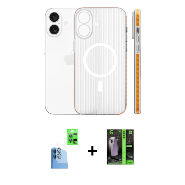 MARSİLYAN™- iPhone 16 Kılıf Pusula Minimal Koleksiyonu - Şeffaf 360 Full Body Arka Koruyucu + Raze Metal Kamera Lens - LT