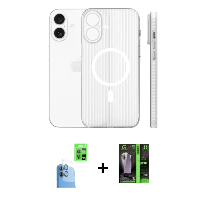 MARSİLYAN™- iPhone 16 Kılıf Pusula Minimal Koleksiyonu - Şeffaf 360 Full Body Arka Koruyucu + Raze Metal Kamera Lens - LT