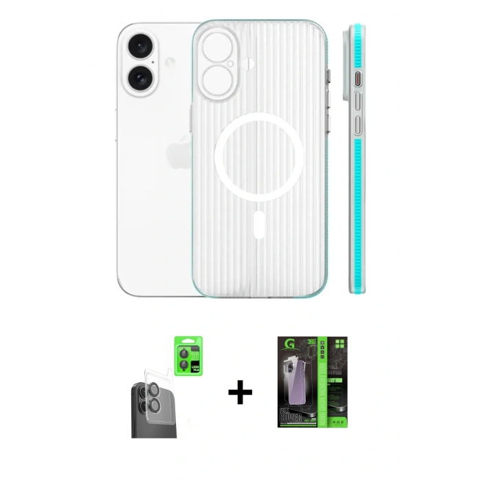 MARSİLYAN™- iPhone 16 Kılıf Pusula Minimal Koleksiyonu - Şeffaf 360 Full Body Arka Koruyucu + Raze Metal Kamera Lens - SH