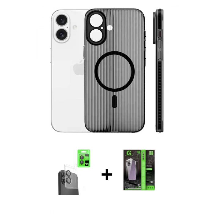MARSİLYAN™- iPhone 16 Kılıf Pusula Minimal Koleksiyonu - Şeffaf 360 Full Body Arka Koruyucu + Raze Metal Kamera Lens - SH