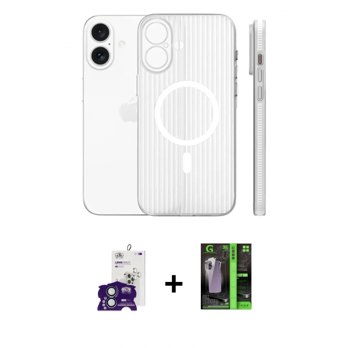 MARSİLYAN™- iPhone 16 Kılıf Pusula Minimal Koleksiyonu - Şeffaf 360 Full Body Arka Koruyucu + Yeşil Bilvis Titan Kamera Lens