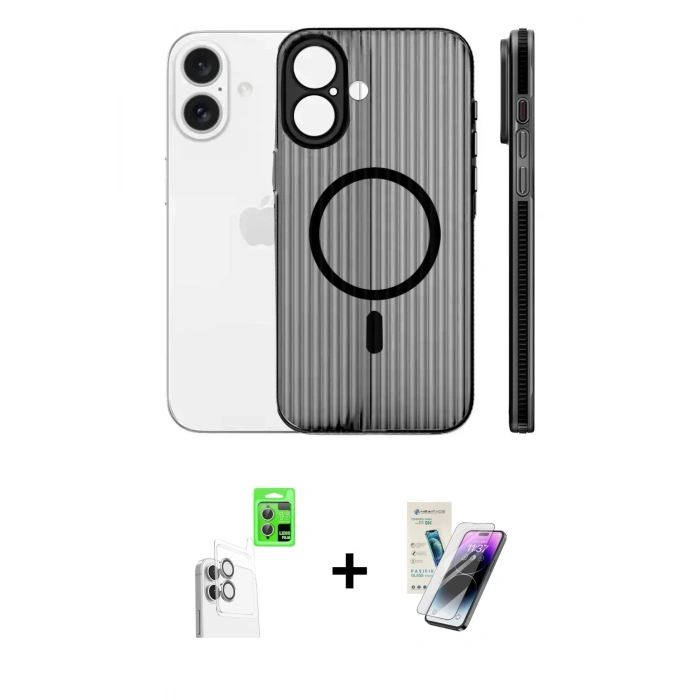 MARSİLYAN™- iPhone 16 Kılıf Pusula Minimal Koleksiyonu - Şeffaf Pasifik Cam Ekran Koruyucu + Raze Metal Kamera Lens - BZ